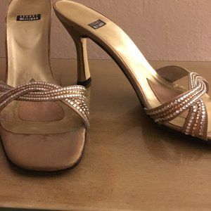 Stuart Weitzman Slip on Heels Gold Crystals 7 1/2M